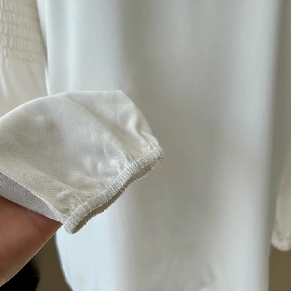 Tibi White Silk Mock Neck Long Sleeve Blouse Smocked Detailing S / XS